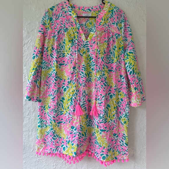 Mud Pie Women’s Swim Cover Up Palm Print Green & Pink Pom-Pom Tassel Size Medium - Picture 1 of 8
